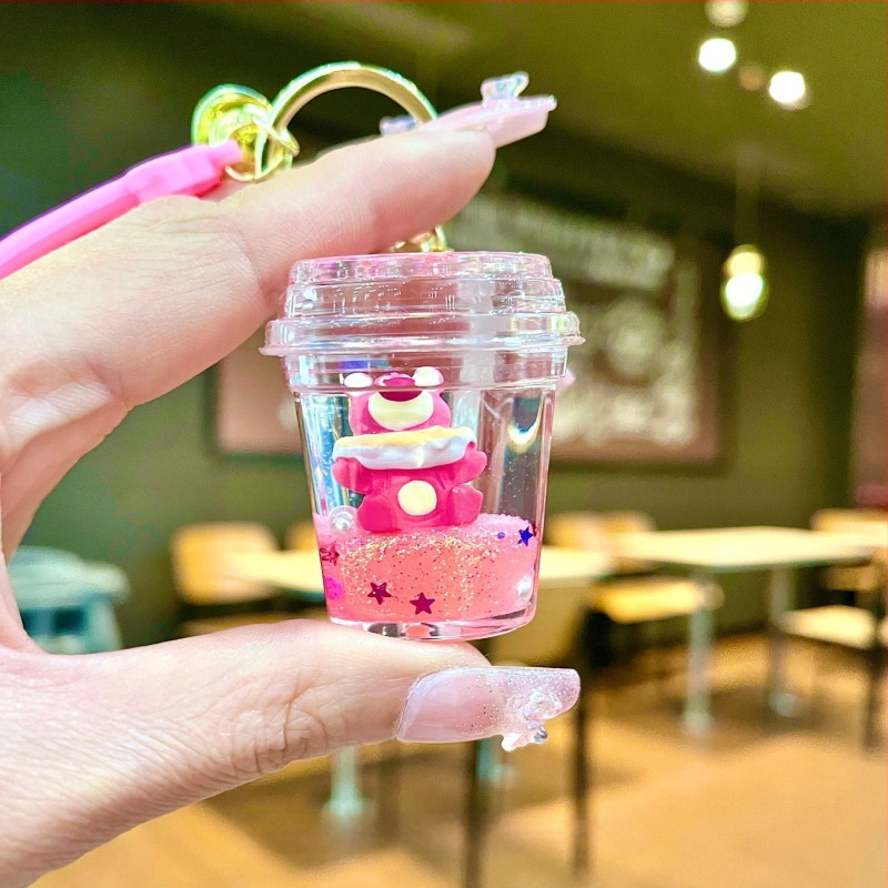 Κλειδοθήκη από ακρυλικό, στυλ καρτούν, αρκούδα με μοτίβ φράουλας, εφέ quicksand