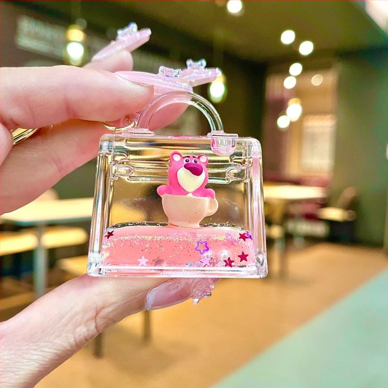 Κλειδοθήκη από ακρυλικό, στυλ καρτούν, αρκούδα με μοτίβ φράουλας, εφέ quicksand