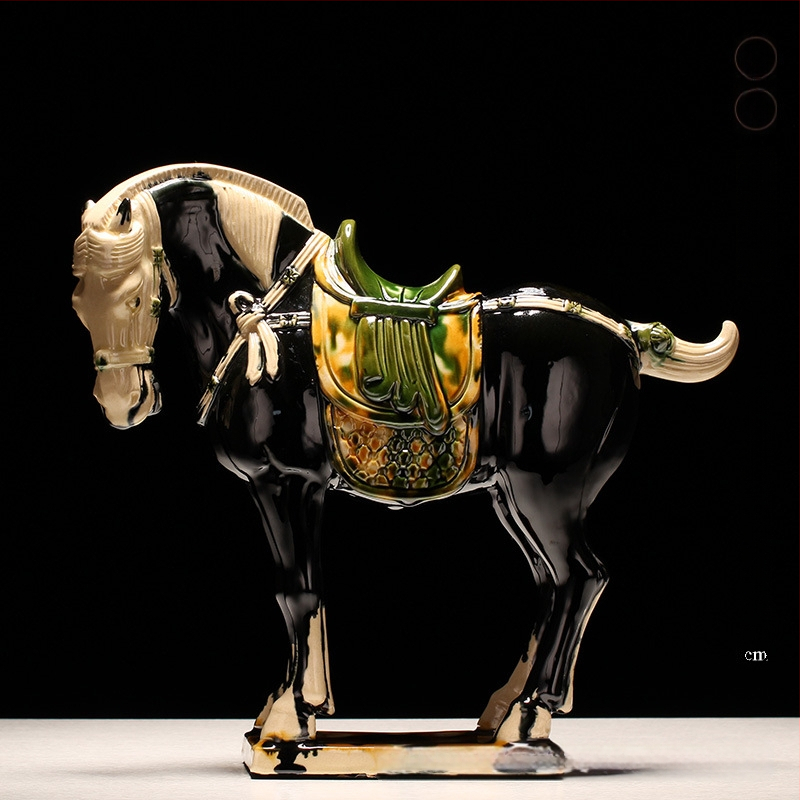 Keraminė arklio figūrėlė, kinietiško stiliaus, interjero dekorui, dovanų dėžutėje