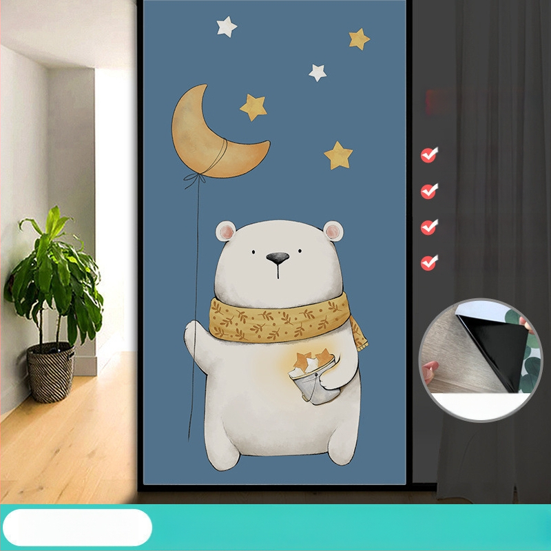 Vonios kambario stiklo plėvelė su visišku užtamsinimu ir privatumo apsauga, matinė išvaizda, PVC medžiaga, elektrostatinis prisirišimas, paprastas ir modernus stilius, animacijos motyvas, tinkama vonios kambariui