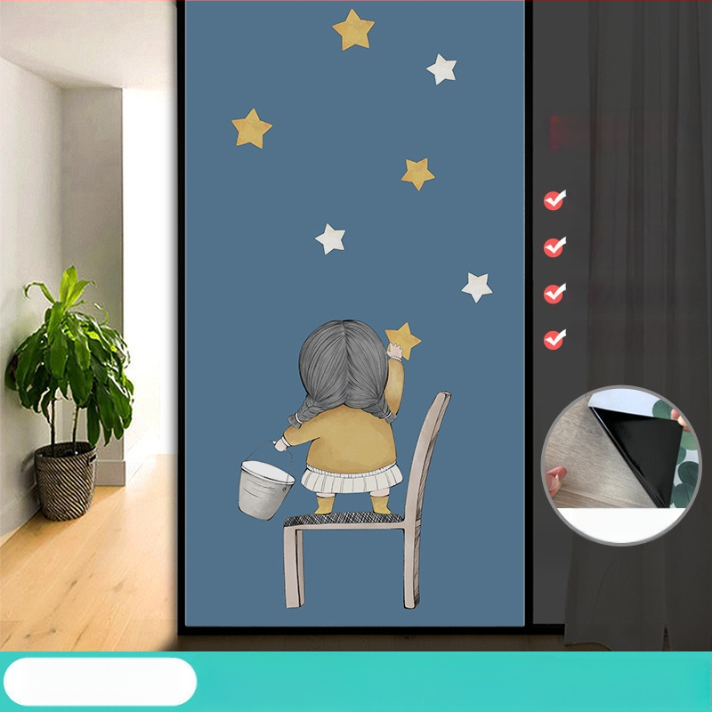 Vonios kambario stiklo plėvelė su visišku užtamsinimu ir privatumo apsauga, matinė išvaizda, PVC medžiaga, elektrostatinis prisirišimas, paprastas ir modernus stilius, animacijos motyvas, tinkama vonios kambariui