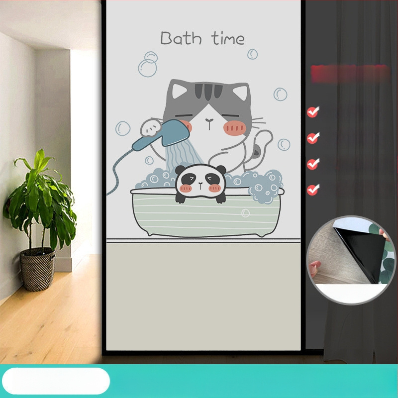 Vonios kambario stiklo plėvelė su visišku užtamsinimu ir privatumo apsauga, matinė išvaizda, PVC medžiaga, elektrostatinis prisirišimas, paprastas ir modernus stilius, animacijos motyvas, tinkama vonios kambariui