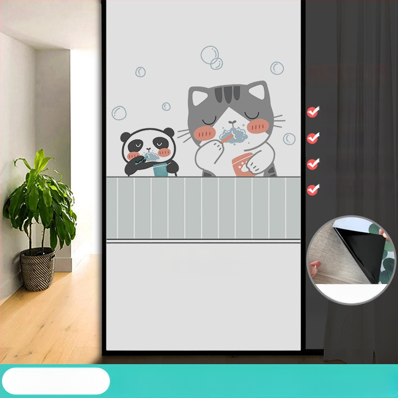 Vonios kambario stiklo plėvelė su visišku užtamsinimu ir privatumo apsauga, matinė išvaizda, PVC medžiaga, elektrostatinis prisirišimas, paprastas ir modernus stilius, animacijos motyvas, tinkama vonios kambariui