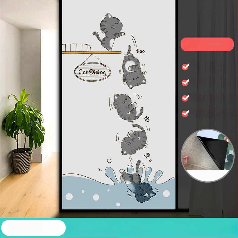 Vonios kambario stiklo plėvelė su visišku užtamsinimu ir privatumo apsauga, matinė išvaizda, PVC medžiaga, elektrostatinis prisirišimas, paprastas ir modernus stilius, animacijos motyvas, tinkama vonios kambariui