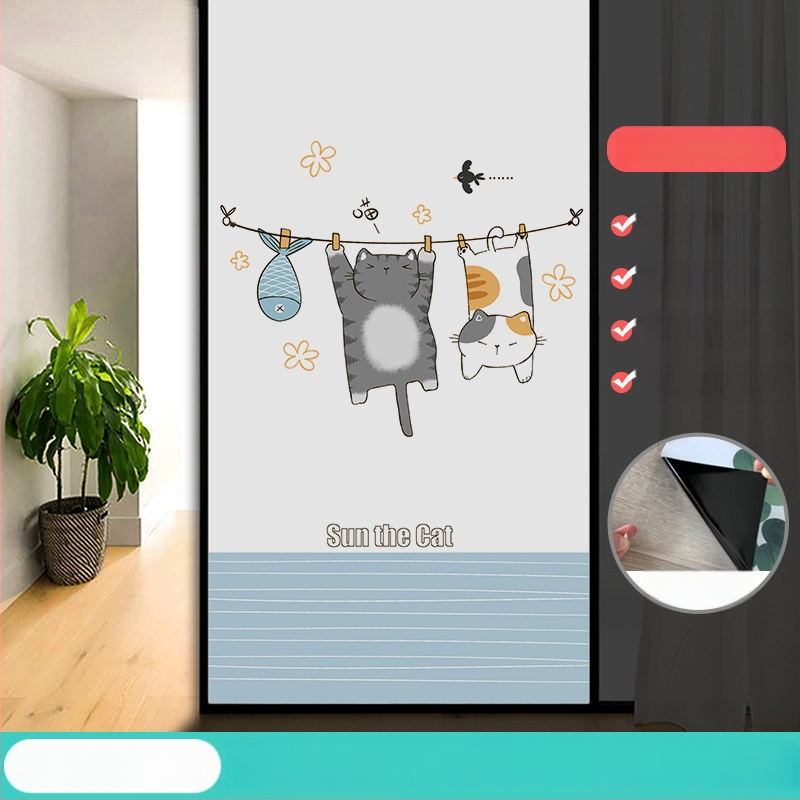 Vonios kambario stiklo plėvelė su visišku užtamsinimu ir privatumo apsauga, matinė išvaizda, PVC medžiaga, elektrostatinis prisirišimas, paprastas ir modernus stilius, animacijos motyvas, tinkama vonios kambariui