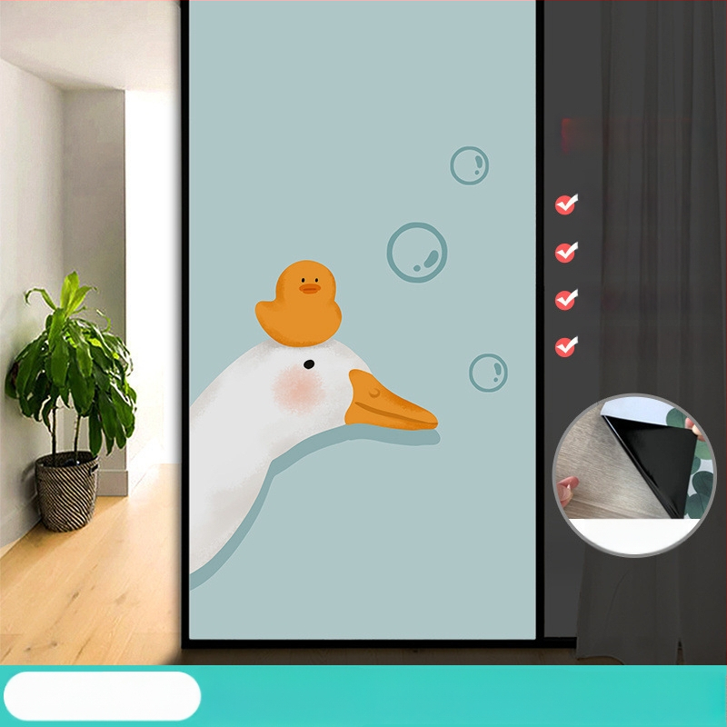 Vonios kambario stiklo plėvelė su visišku užtamsinimu ir privatumo apsauga, matinė išvaizda, PVC medžiaga, elektrostatinis prisirišimas, paprastas ir modernus stilius, animacijos motyvas, tinkama vonios kambariui