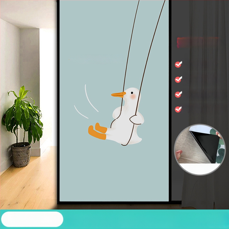 Vonios kambario stiklo plėvelė su visišku užtamsinimu ir privatumo apsauga, matinė išvaizda, PVC medžiaga, elektrostatinis prisirišimas, paprastas ir modernus stilius, animacijos motyvas, tinkama vonios kambariui