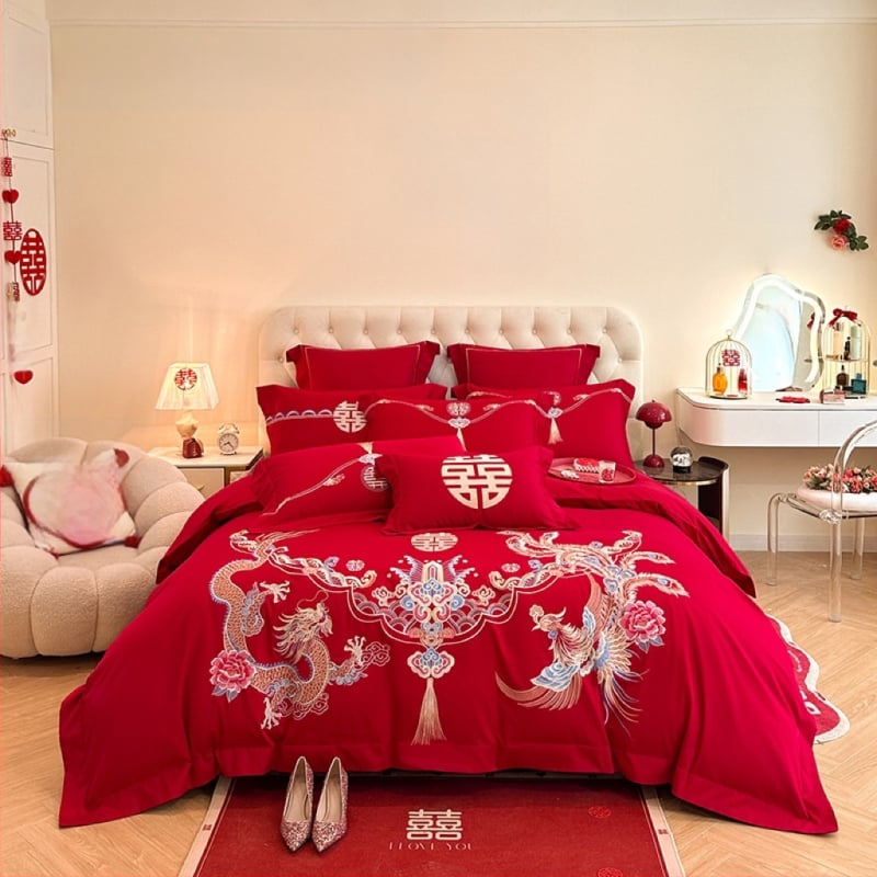 Keturių dalių vestuvinis patalynės komplektas iš plauto medvilnės, siuvinėjimas, reaktyvinis dažymas, vienodų spalvų raštas