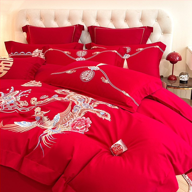 Keturių dalių vestuvinis patalynės komplektas iš plauto medvilnės, siuvinėjimas, reaktyvinis dažymas, vienodų spalvų raštas