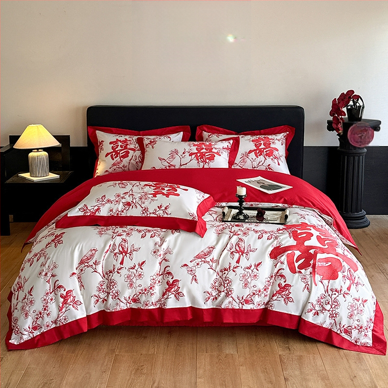 Keturių dalių vestuvinis patalynės komplektas iš plauto medvilnės, siuvinėjimas, reaktyvinis dažymas, vienodų spalvų raštas