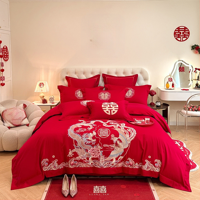 Keturių dalių vestuvinis patalynės komplektas iš plauto medvilnės, siuvinėjimas, reaktyvinis dažymas, vienodų spalvų raštas