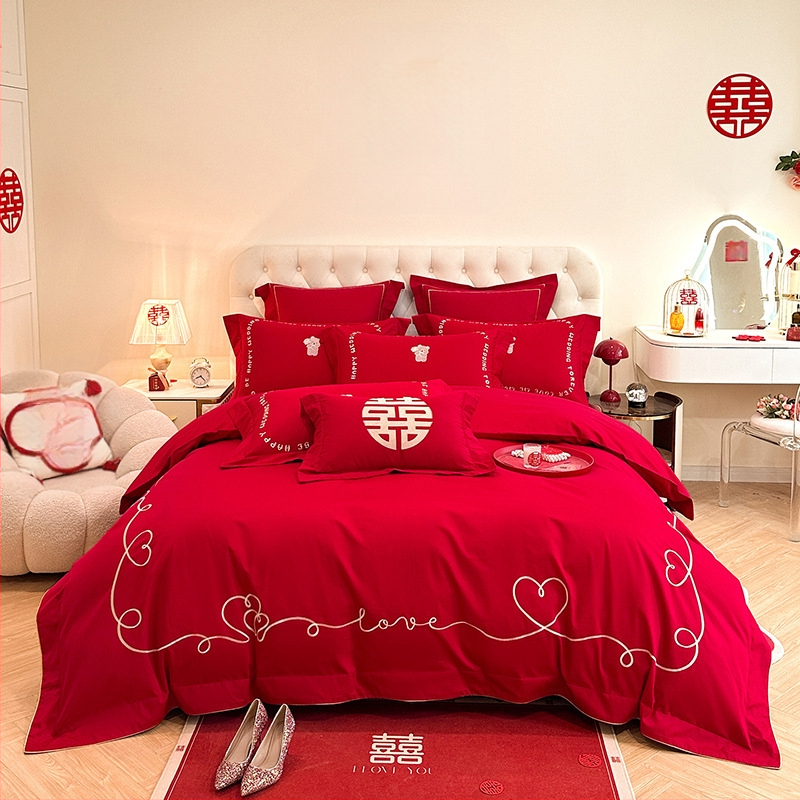 Keturių dalių vestuvinis patalynės komplektas iš plauto medvilnės, siuvinėjimas, reaktyvinis dažymas, vienodų spalvų raštas