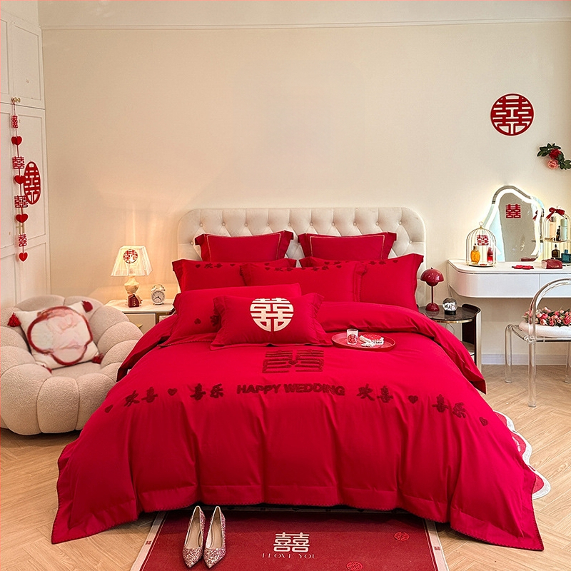 Keturių dalių vestuvinis patalynės komplektas iš plauto medvilnės, siuvinėjimas, reaktyvinis dažymas, vienodų spalvų raštas