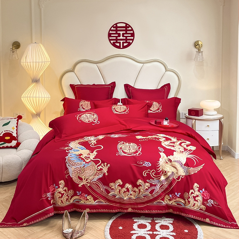 Keturių dalių vestuvinis patalynės komplektas iš plauto medvilnės, siuvinėjimas, reaktyvinis dažymas, vienodų spalvų raštas