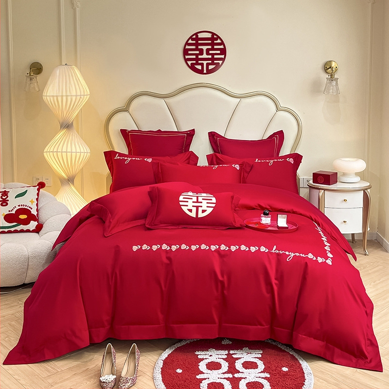 Keturių dalių vestuvinis patalynės komplektas iš plauto medvilnės, siuvinėjimas, reaktyvinis dažymas, vienodų spalvų raštas