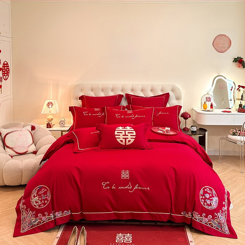 Keturių dalių vestuvinis patalynės komplektas iš plauto medvilnės, siuvinėjimas, reaktyvinis dažymas, vienodų spalvų raštas