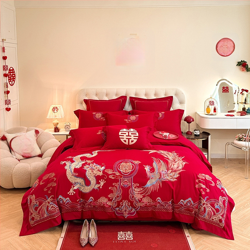 Keturių dalių vestuvinis patalynės komplektas iš plauto medvilnės, siuvinėjimas, reaktyvinis dažymas, vienodų spalvų raštas