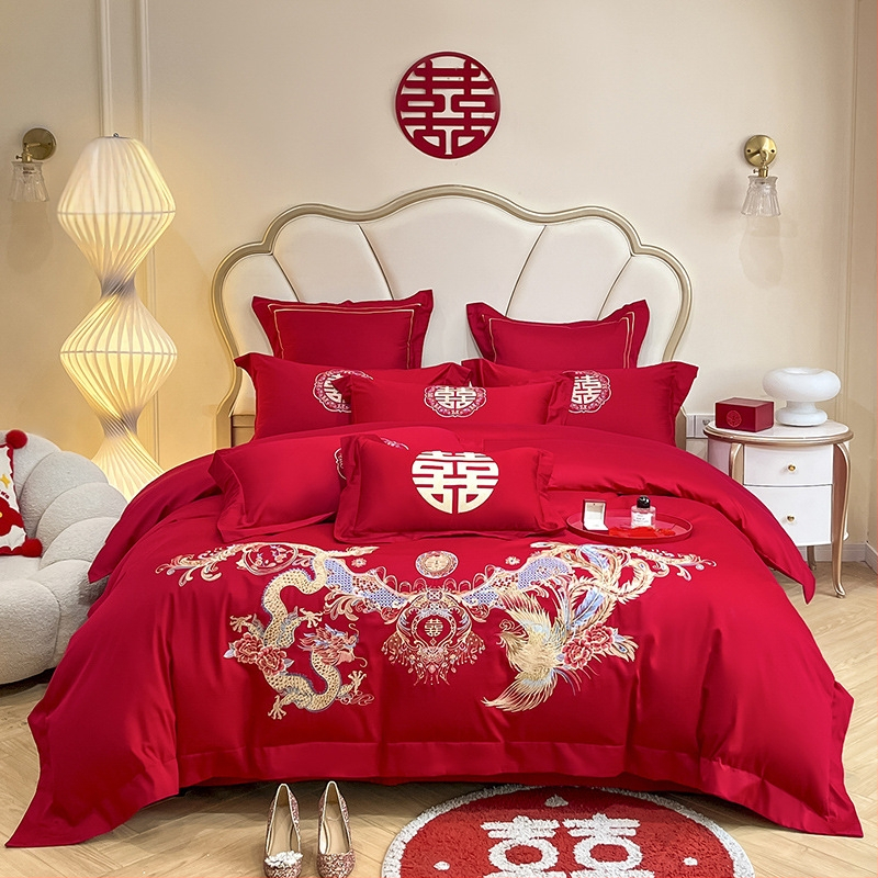 Keturių dalių vestuvinis patalynės komplektas iš plauto medvilnės, siuvinėjimas, reaktyvinis dažymas, vienodų spalvų raštas