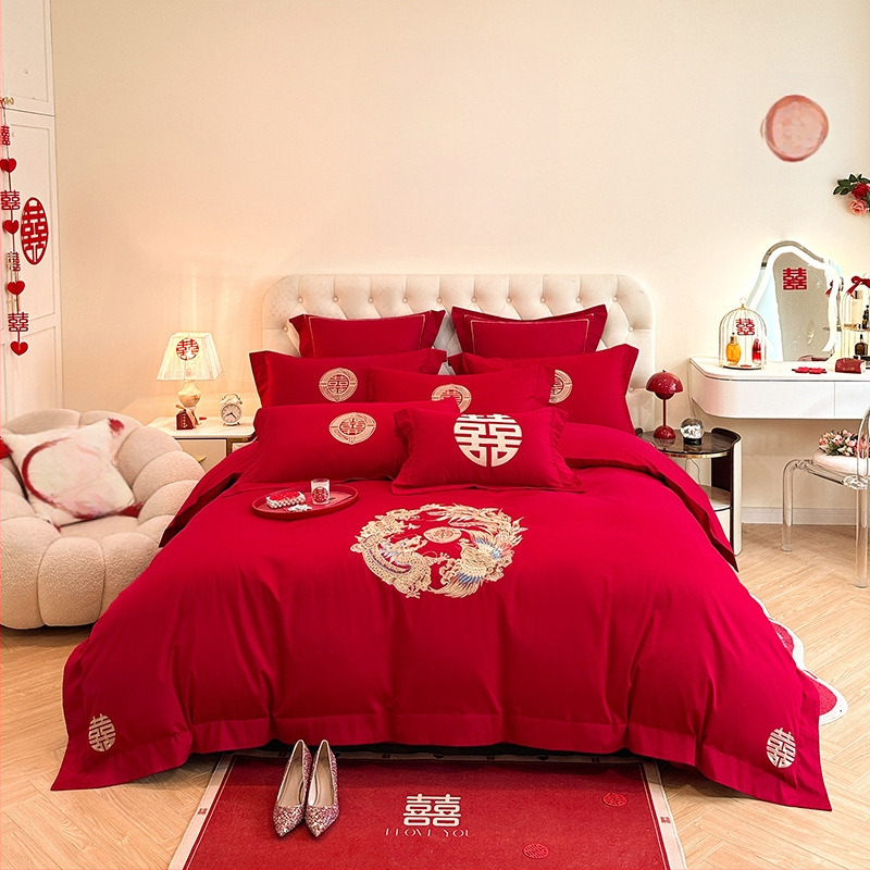 Keturių dalių vestuvinis patalynės komplektas iš plauto medvilnės, siuvinėjimas, reaktyvinis dažymas, vienodų spalvų raštas