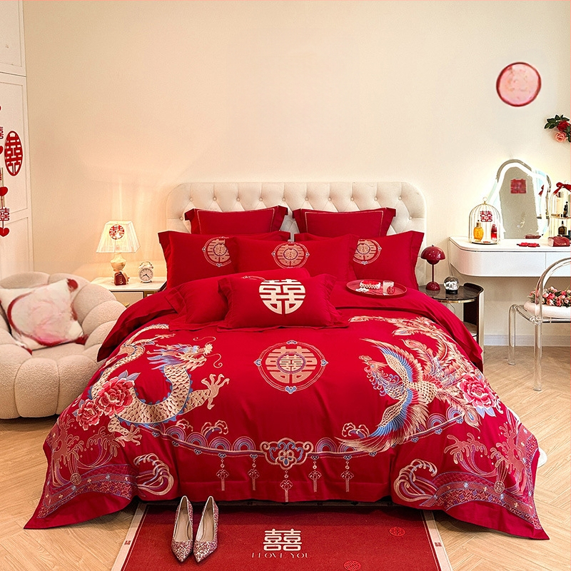 Keturių dalių vestuvinis patalynės komplektas iš plauto medvilnės, siuvinėjimas, reaktyvinis dažymas, vienodų spalvų raštas