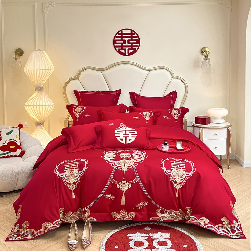 Keturių dalių vestuvinis patalynės komplektas iš plauto medvilnės, siuvinėjimas, reaktyvinis dažymas, vienodų spalvų raštas