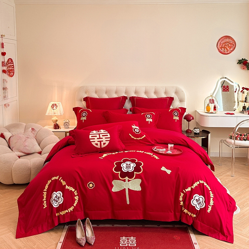 Keturių dalių vestuvinis patalynės komplektas iš plauto medvilnės, siuvinėjimas, reaktyvinis dažymas, vienodų spalvų raštas