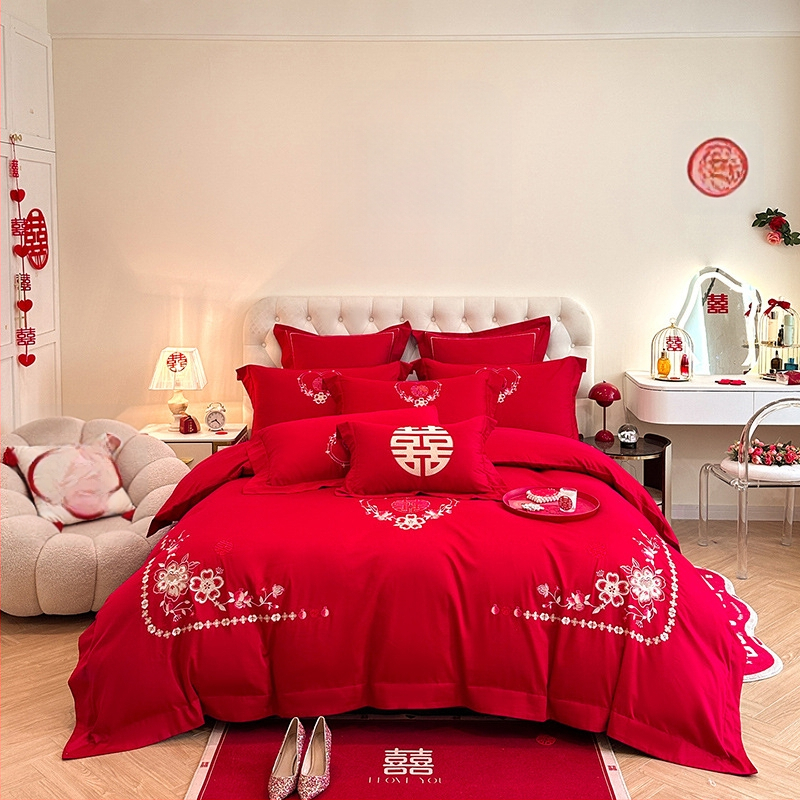 Keturių dalių vestuvinis patalynės komplektas iš plauto medvilnės, siuvinėjimas, reaktyvinis dažymas, vienodų spalvų raštas