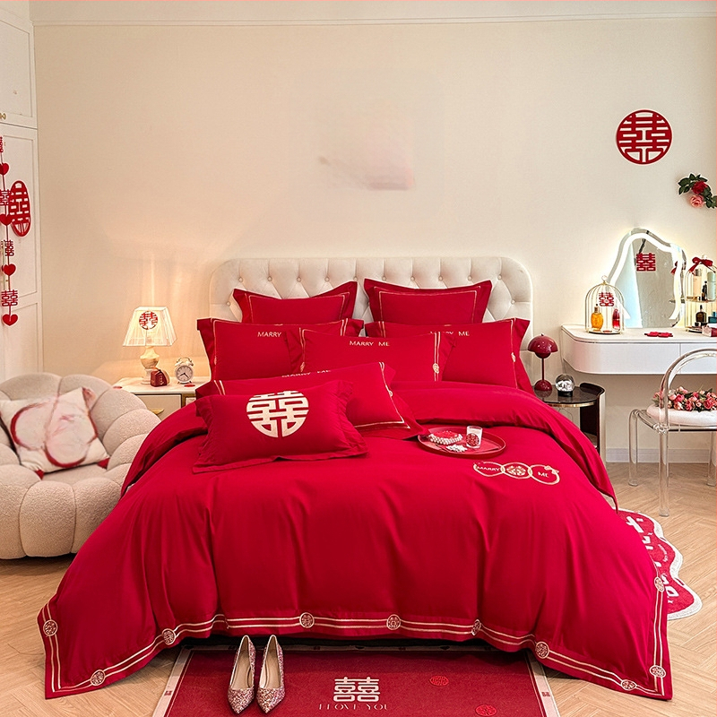 Keturių dalių vestuvinis patalynės komplektas iš plauto medvilnės, siuvinėjimas, reaktyvinis dažymas, vienodų spalvų raštas