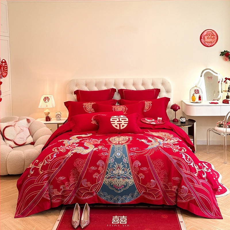 Keturių dalių vestuvinis patalynės komplektas iš plauto medvilnės, siuvinėjimas, reaktyvinis dažymas, vienodų spalvų raštas