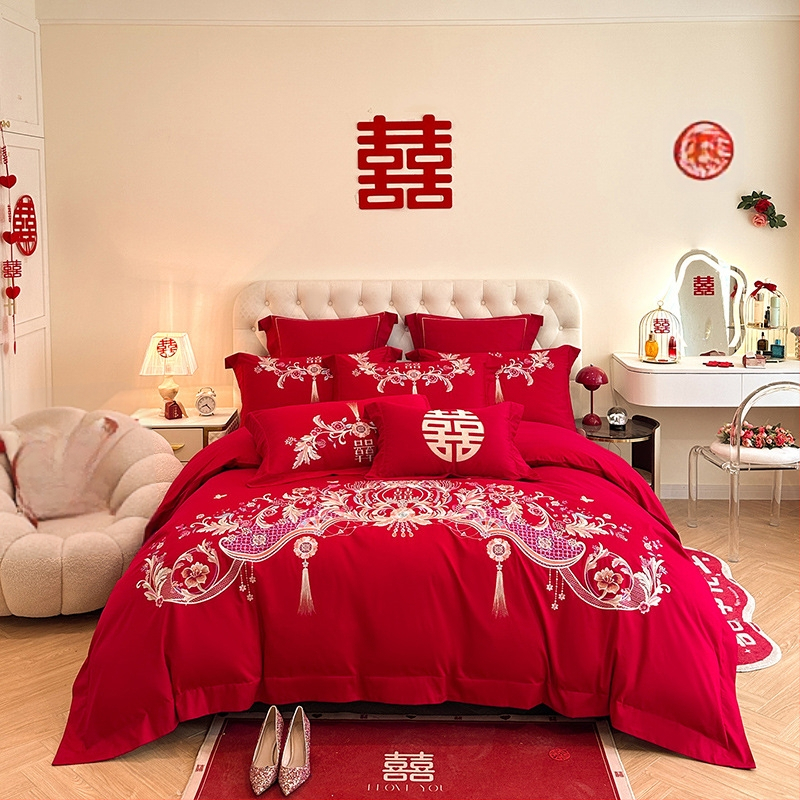 Keturių dalių vestuvinis patalynės komplektas iš plauto medvilnės, siuvinėjimas, reaktyvinis dažymas, vienodų spalvų raštas