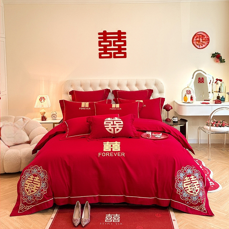 Keturių dalių vestuvinis patalynės komplektas iš plauto medvilnės, siuvinėjimas, reaktyvinis dažymas, vienodų spalvų raštas