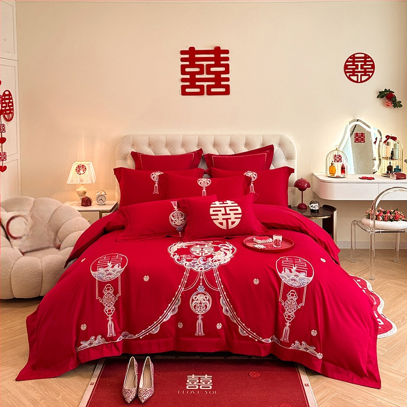 Keturių dalių vestuvinis patalynės komplektas iš plauto medvilnės, siuvinėjimas, reaktyvinis dažymas, vienodų spalvų raštas