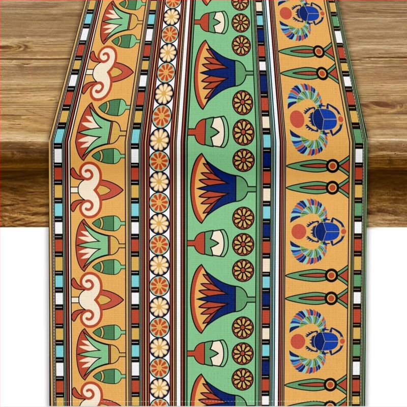 Table Runner από 100% λινό με γεωμετρική αφαίρεση και πολύχρωμα αιγυπτιακά εικονογράμματα για διακόσμηση εστιατορίων — Μάρκα Perm, προσαρμόσιμο