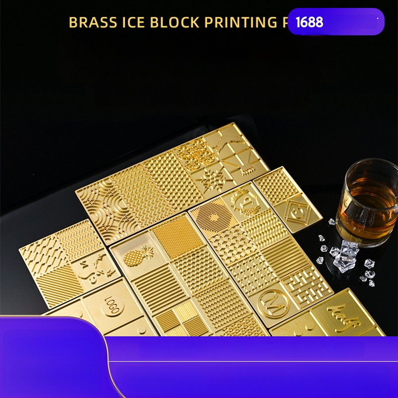 Jääkuubikute tempel kohandatud gravüüritud logoga, vask-pronksi sulam, CNC gravüürimine ja käsitsi poleerimine, ümmargune või ruudukujuline kuju, kaal 50 g