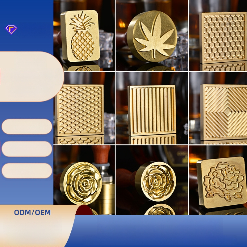 Jääkuubikute tempel kohandatud gravüüritud logoga, vask-pronksi sulam, CNC gravüürimine ja käsitsi poleerimine, ümmargune või ruudukujuline kuju, kaal 50 g