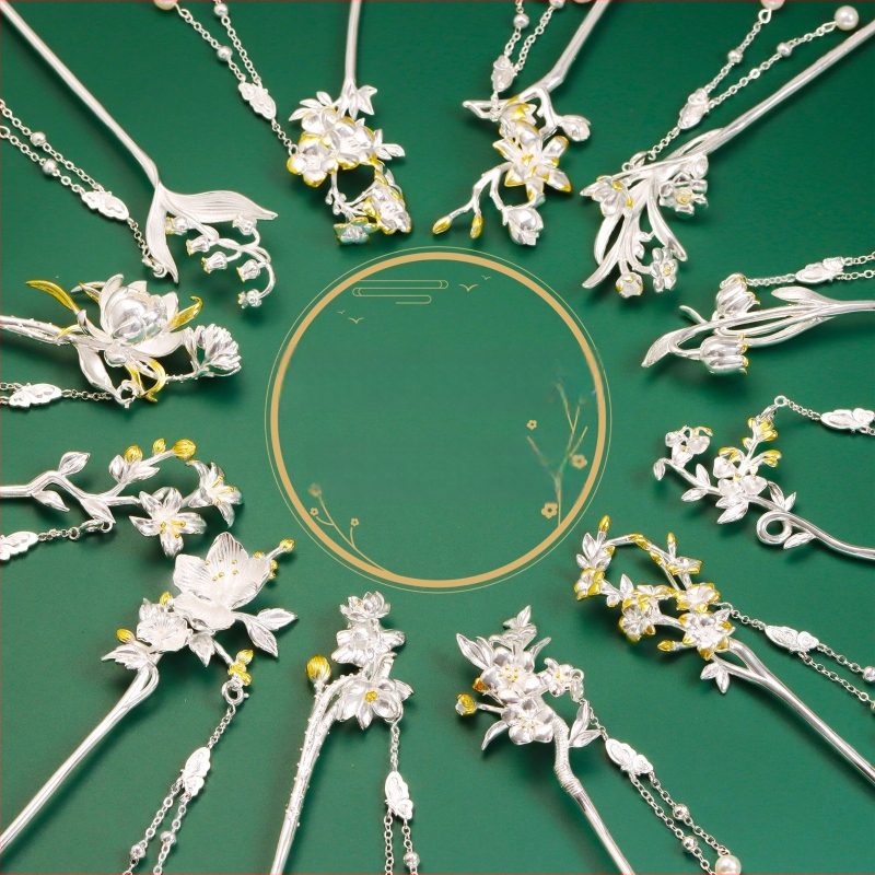 Matu sprādze no vara, nacionālā stila, ziedu motīvs, elektroplatinga pārklājums, izcelsme Shantwei