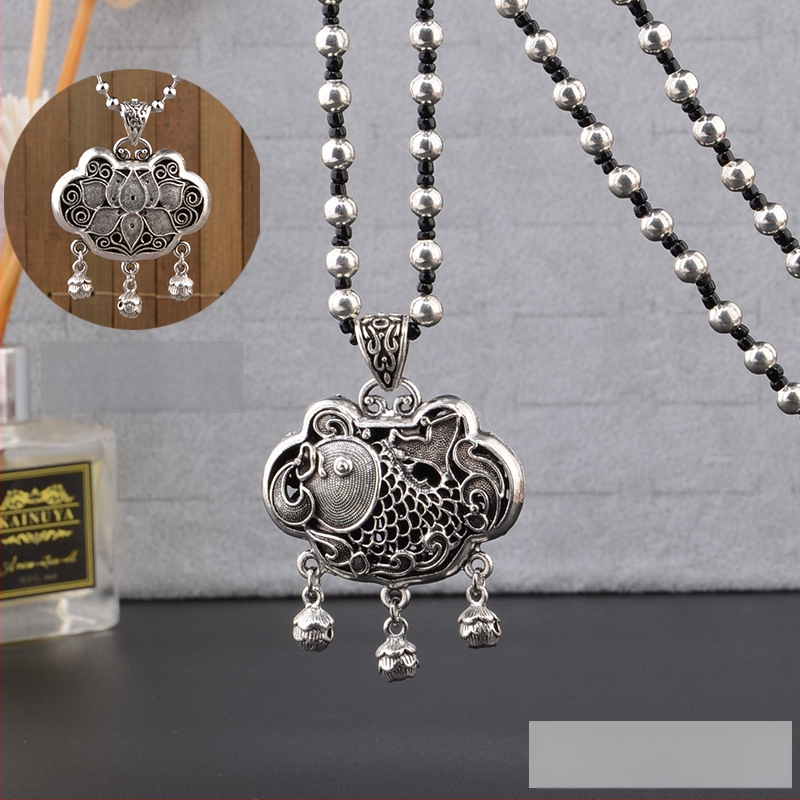 Lydinio puloverio grandinėlė, ilga karolė su kutiniu pakabuku, retro etno stilius