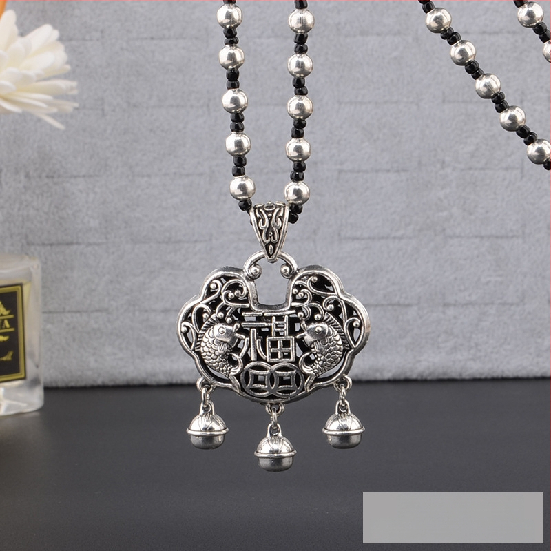 Lydinio puloverio grandinėlė, ilga karolė su kutiniu pakabuku, retro etno stilius