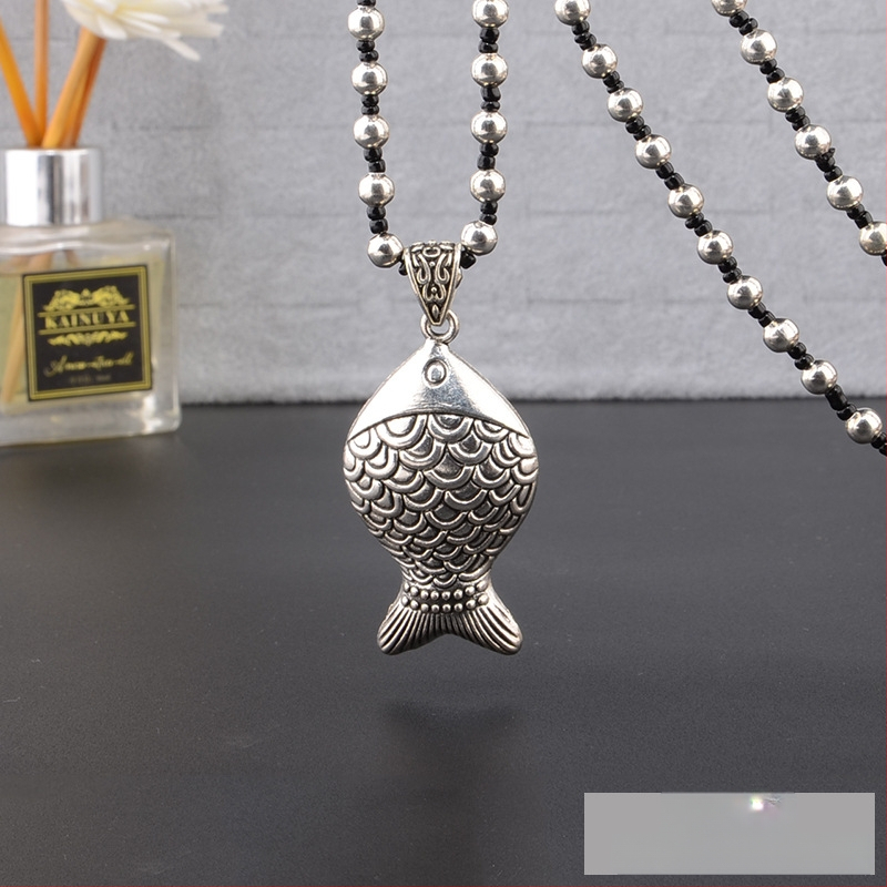 Lydinio puloverio grandinėlė, ilga karolė su kutiniu pakabuku, retro etno stilius