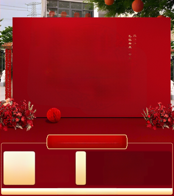 Vestuvių dekoras su KT plokštele, lauko scenai ir nuotraukų fonui, šilko gėlėmis, uodeginiais balionais ir krintančios žemės balionais