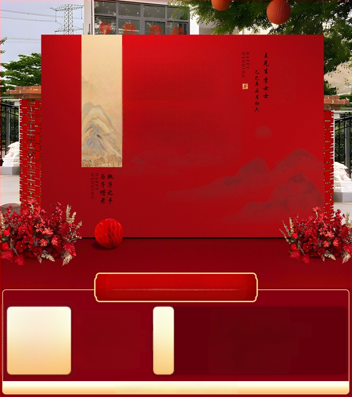 Vestuvių dekoras su KT plokštele, lauko scenai ir nuotraukų fonui, šilko gėlėmis, uodeginiais balionais ir krintančios žemės balionais