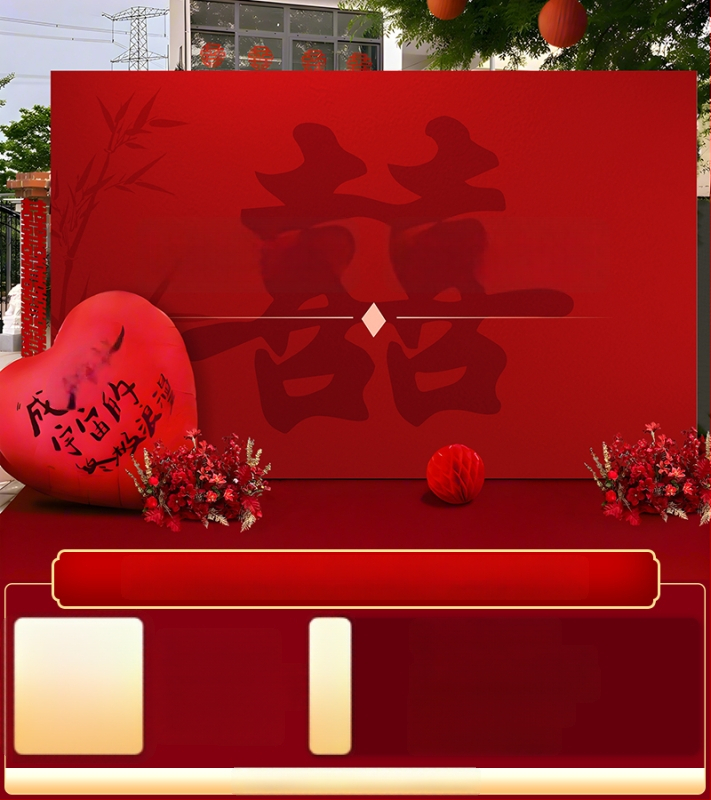 Vestuvių dekoras su KT plokštele, lauko scenai ir nuotraukų fonui, šilko gėlėmis, uodeginiais balionais ir krintančios žemės balionais