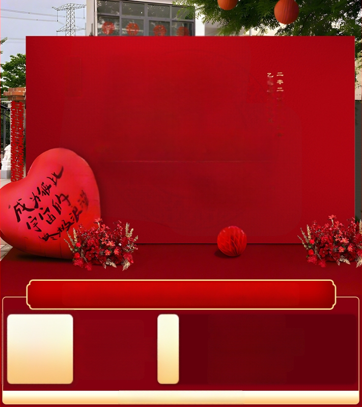 Vestuvių dekoras su KT plokštele, lauko scenai ir nuotraukų fonui, šilko gėlėmis, uodeginiais balionais ir krintančios žemės balionais