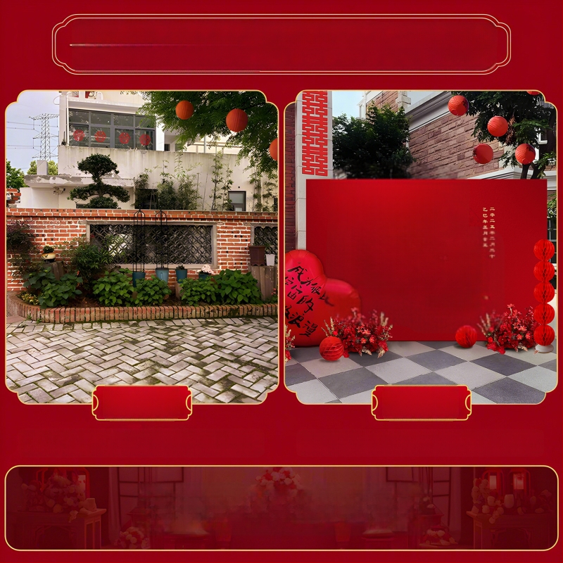 Vestuvių dekoras su KT plokštele, lauko scenai ir nuotraukų fonui, šilko gėlėmis, uodeginiais balionais ir krintančios žemės balionais