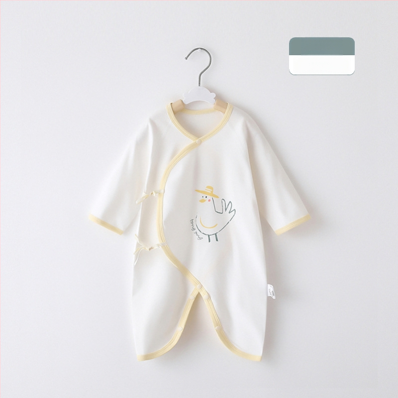 Naujagimio ilgos rankovės kombinezonas iš 100% medvilnės, unisex, diagoninis užsegimas su raišteliais ir drugelio motyvas