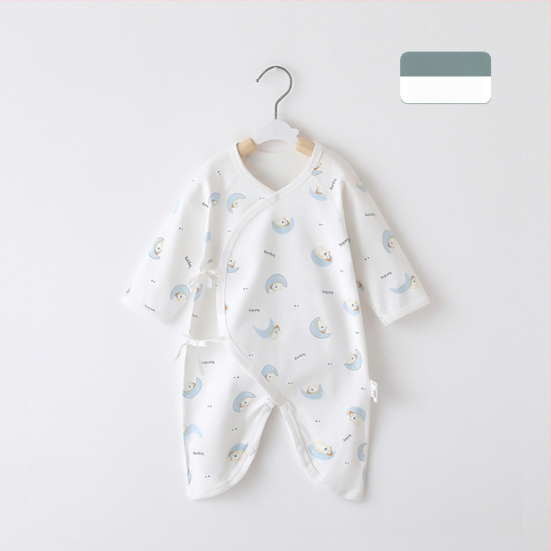Naujagimio ilgos rankovės kombinezonas iš 100% medvilnės, unisex, diagoninis užsegimas su raišteliais ir drugelio motyvas