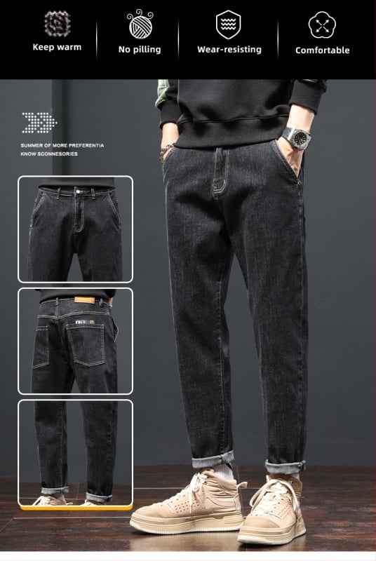 Džinsu platām kājām bikses ar flisa oderi – taisa griezuma, viduklis vidēji, vienkrāsains, jauneklīgs stils, rudens 2025