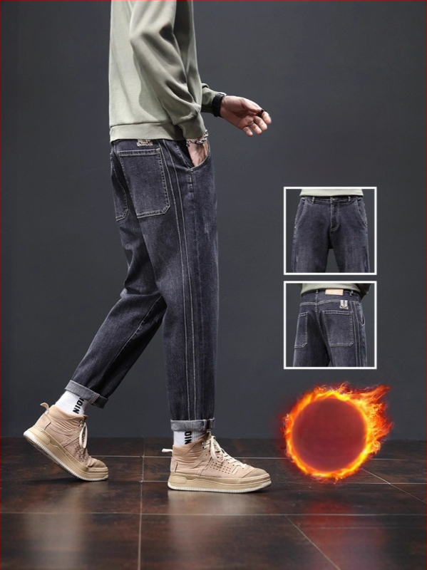 Džinsu platām kājām bikses ar flisa oderi – taisa griezuma, viduklis vidēji, vienkrāsains, jauneklīgs stils, rudens 2025