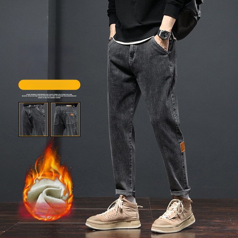 Džinsu platām kājām bikses ar flisa oderi – taisa griezuma, viduklis vidēji, vienkrāsains, jauneklīgs stils, rudens 2025