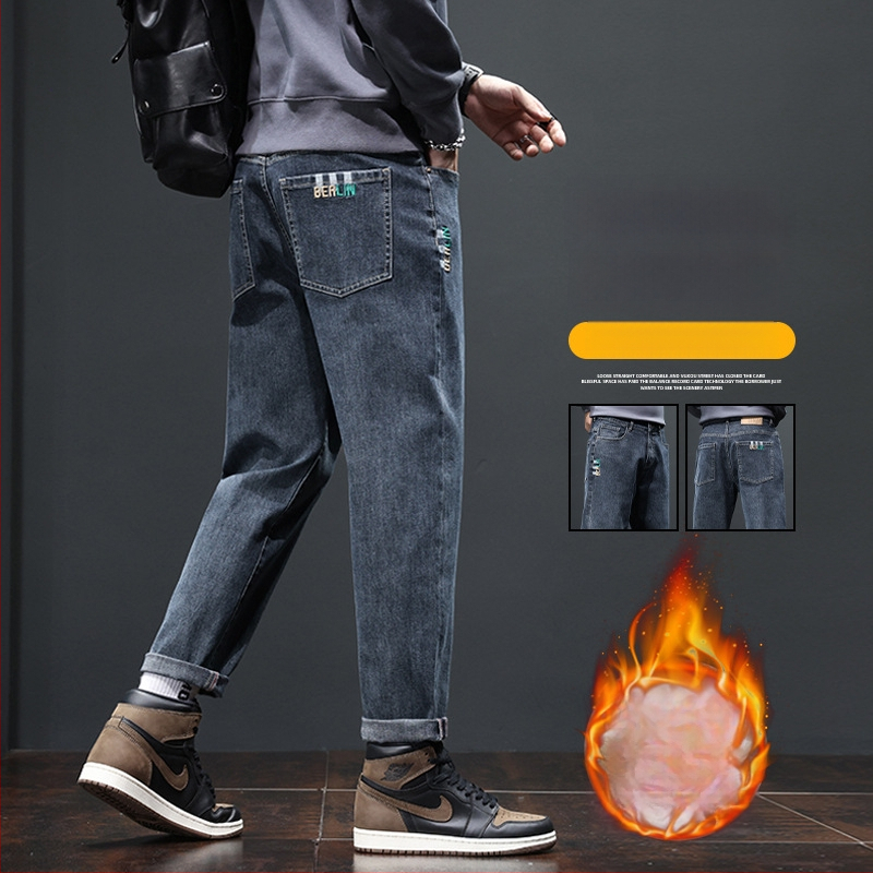 Džinsu platām kājām bikses ar flisa oderi – taisa griezuma, viduklis vidēji, vienkrāsains, jauneklīgs stils, rudens 2025